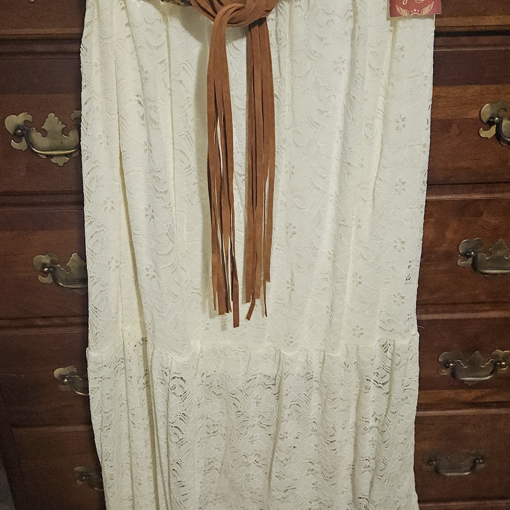 Faded Glory Ivory Lace Maxi Skirt with Tan Sash